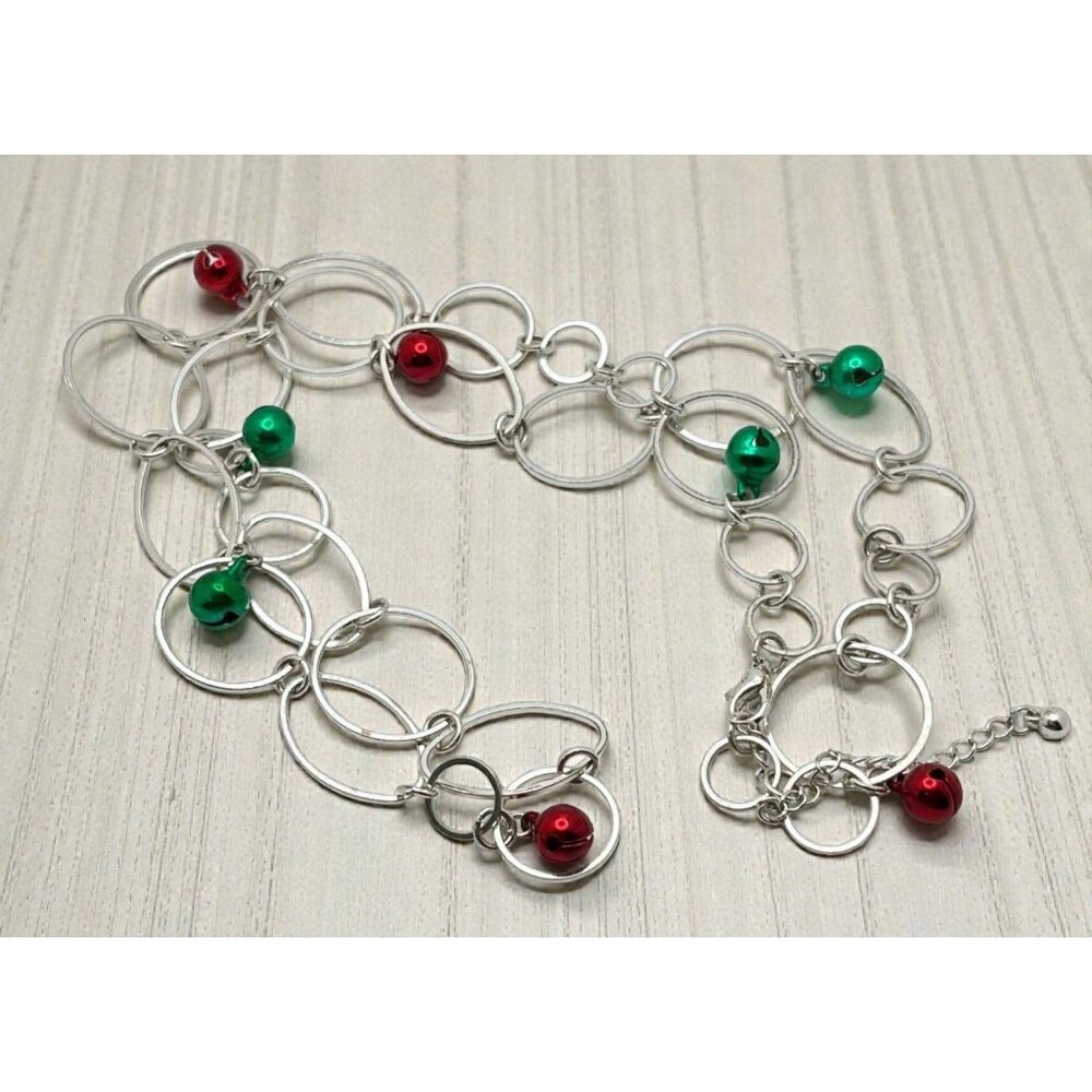 Christmas Jingle Bell Necklace Silver Tone Chain with Red Green Accents Holiday